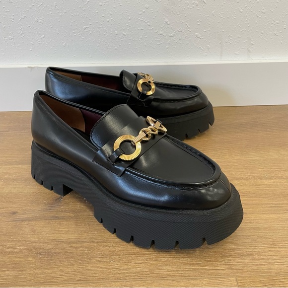 Zara Shoes - Zara Faux Leather Black Platform Gold Chain Lug Sole Loafers